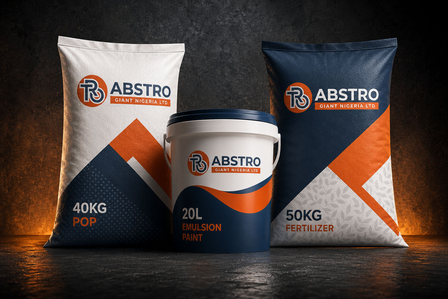 ABSTRO product range showing Plaster of Paris, Premium Emulsion Paint, and Fertilizer